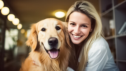 Veterinary doctor hugging a beautiful golden retriever dog. Healthy pet on a check up visit in modern veterinary clinic with happy caring doctor.
