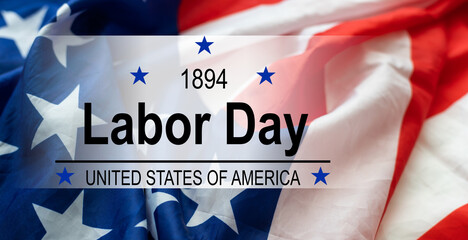 Fototapeta na wymiar US Labor Day banner template illustration. US labor day celebration with blurred satin american flag on blue background
