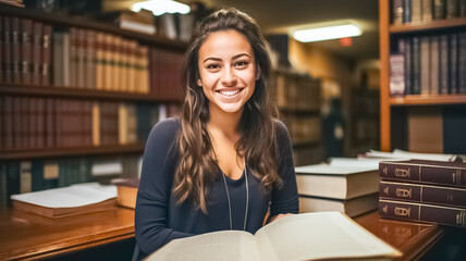 Portrait of female student smiling at camera while reading book in library. Education research and self learning in university life concepts.
