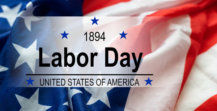 US Labor Day banner template illustration. US labor day celebration with blurred satin american flag on blue background