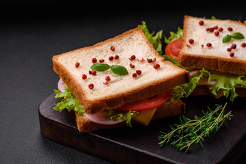 Delicious sandwich with toast, ham, tomatoes, cheese and lettuce