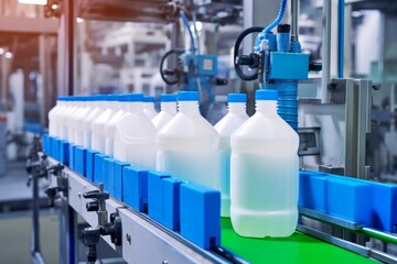 Filling bottles with water, Bottling factorys, plastic canisters,  Empty plastic jerrycans moving on conveyor belt of automatic pet blow molding machine at, Generative AI 