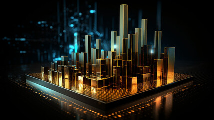 Fototapeta na wymiar Luminous Gold Rush 3D Fintech Financial Charts with Dynamic Golden Graphs and Fintech Bars in Neon Blue Brilliance
