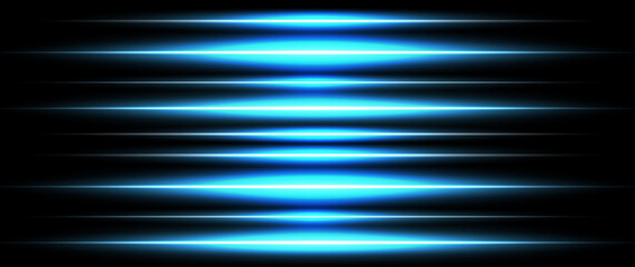 Blue horizontal lens flares pack. Laser beams, horizontal light rays. Beautiful light flares. Glowing streaks on dark background.