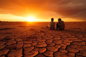 Despair in a World Without Water: People Sitting in Arid Climate Due to Dramatic Impact of Global Warming on Environment and Resources: Generative AI