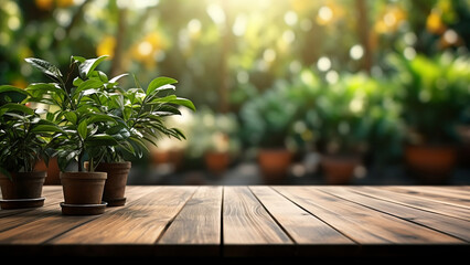 Wooden table top on blur background of green garden with bokeh sunlight. High quality photo
