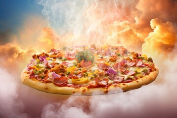 a whimsical pizza with cheese, tomatoes and chili sauce floating and burning as if volcano erupting. Fire food levitation. Generative AI technology