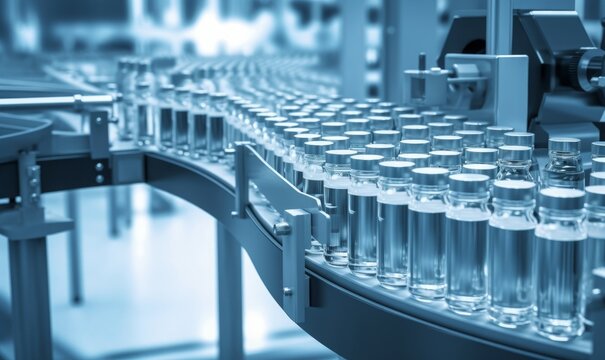 Pharmaceutical industry. Production line machine conveyor with glass bottles ampoules at factory. Pharmaceutical industry concept background, Generative AI 