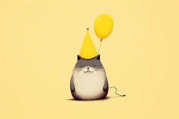 a minimalistic illustration of a cat wearing a birthday party cone, air balloons around. A postcard template on yellow background. Generative AI technology
