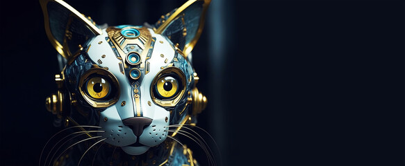 cute robot cat, future pet, panoramic layout. Generative Ai