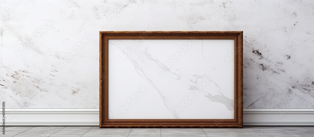 Poster a vintage wooden frame is placed on a white cement wall and black marble floor with a shadow in the 
