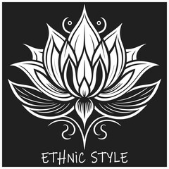Ethnic exotic lotus flower pattern, black white template, tattoo, logo, stencil on a black isolated background. National symbol of India.