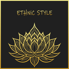 Ethnic contour golden lotus flower pattern, template, tattoo, logo, stencil on a black isolated background. National symbol of India.