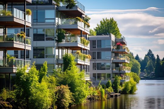 Riverfront Condominiums In Vancouver, Washington State: Where Nature Meets Style, Architecture, Construction, With Balconies And Windows Among Trees And Plants. Generative AI