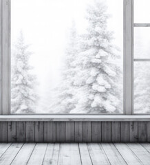 Empty wooden table the background of a window with a beautiful winter snow background.Ready for product montage. Mockup.Generative AI