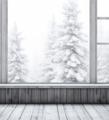 Fototapeta premium Empty wooden table the background of a window with a beautiful winter snow background.Ready for product montage. Mockup.Generative AI
