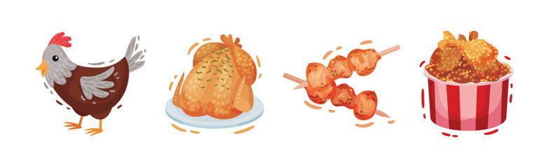 Cooked Chicken Dish with Skewered Shashlik and Fried Legs Vector Set