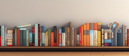 A bookshelf banner featuring a stack of books with bookmarks, providing ample copy space for advertising text.