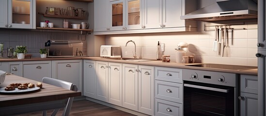 The kitchen interior is a small, white, cozy, and comfortable contemporary classic design. The electric oven door is open.