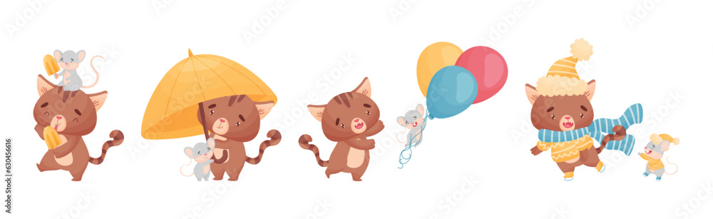 Poster cute friendly cat and mouse engaged in different activity vector set