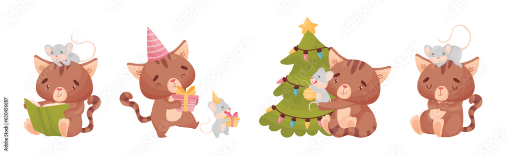 Poster cute friendly cat and mouse engaged in different activity vector set