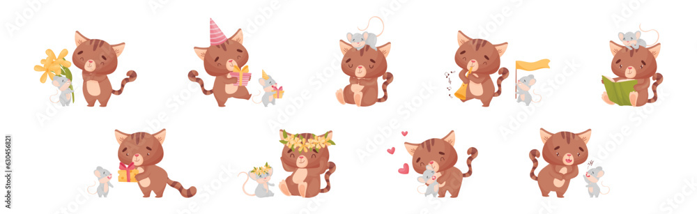 Poster cute friendly cat and mouse engaged in different activity vector set