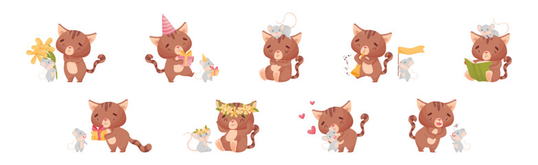 Cute Friendly Cat and Mouse Engaged in Different Activity Vector Set