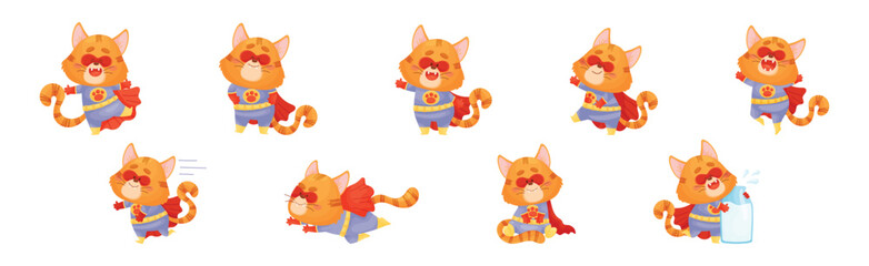 Ginger Whiskered Cat in Red Superhero Cloak and Mask Vector Set