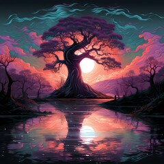 a tree with a lake at night in a stitched landscape