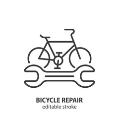 Bicycle repair service line icon. Bike and wrench outline vector symbol. Editable stroke. - 630457248