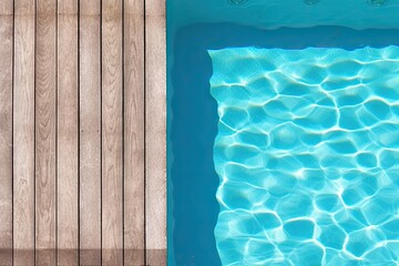 Poolside paradise. Top view of an empty outdoor pool with wooden board on beautiful relaxing background