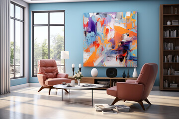 Modern room with large windows, furniture and a large painting on the wall in the style of abstractionism, AI generation