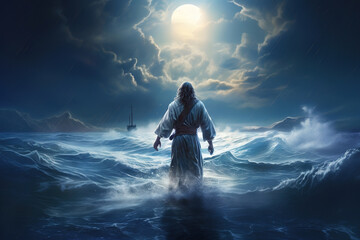 Jesus Christ is walking on the water of a stormy sea at night toward a boat.  AI generation © Volodymyr