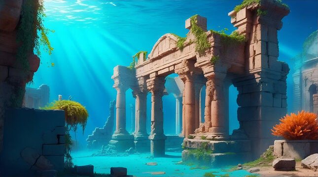 Ruins of an old historical legendary city under water. The Atlantic. A lost civilization. Generative AI