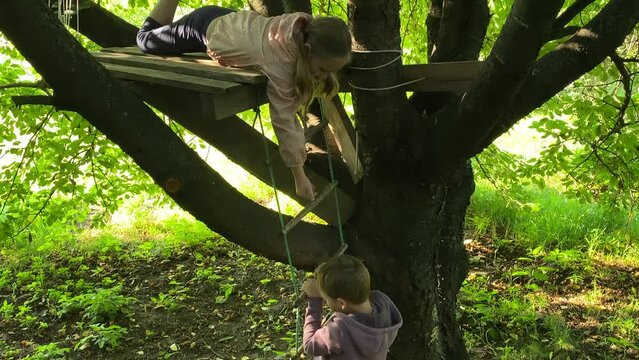 Childhood adventure in treehouse. Little boy tries to climb rope ladder but failed, supportive sister cheers him on. Vibrant sunlight filters through green lush foliage creates whimsical atmosphere