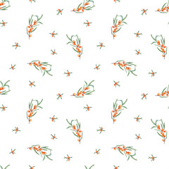 Sea buckthorn branch isolated on white background. Watercolor seamless pattern of orange berries, green leaves. Botanical illustration for textile design, room decor, print, postcards