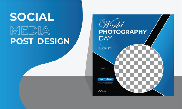 Social media post template with camera design in line art design for world photography day design. Blue gradient color World Photography Day August 19th poster design