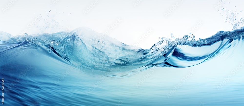 Fototapete A summer banner background with a texture of transparent blue water waves, featuring splashes and bubbles. The waves are illuminated by sunlight, creating a vibrant and refreshing image. copy space