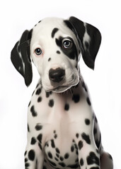 Cute Dalmatian Puppy Tilting Head in Close-up Portrait on White Background