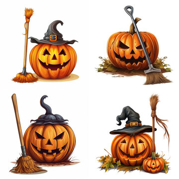 Set of halloween pumpkins with broom isolated on white background