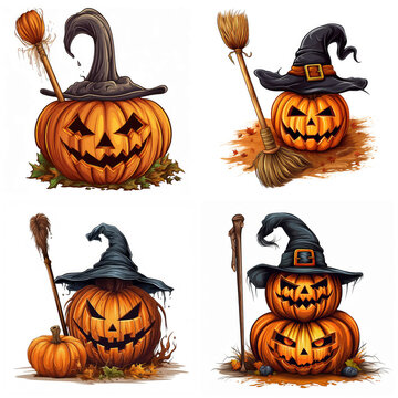Set of halloween pumpkins with broom isolated on white background