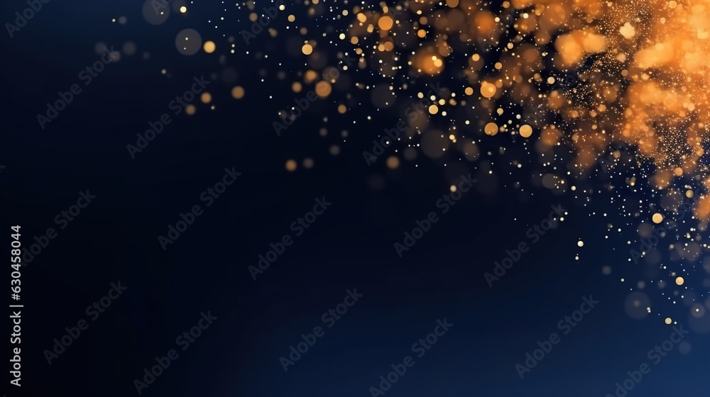 Poster abstract sparkling golden particles on dark blue background with copy space