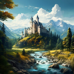 painted elegant castle in front of a mountain range river flowing. created with generative ai