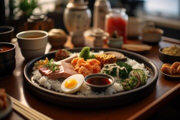 traditional japanese lunch set served on the table, ai tools generated image
