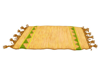 Floor mat. Beige yellow with geometric green pattern and fringed edges. Carpet in rustic ethnic...