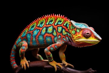 Fototapeta premium close up portrait of a beautiful chameleo isolated on black, ai tools generated image