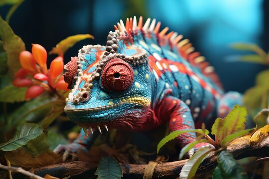 close up view of a pretty multicolored chameleon, ai tools generated image