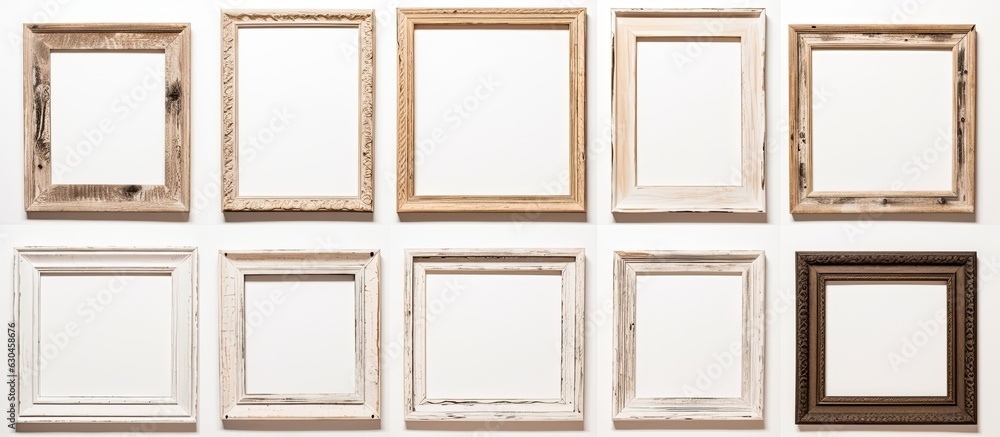 Poster a set of old picture frames displayed on a white background.