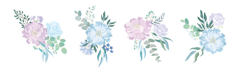 Blue Flower Bouquet and Floral Blooming Composition Vector Set