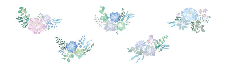 Fototapeta na wymiar Blue Flower Bouquet and Floral Blooming Composition Vector Set